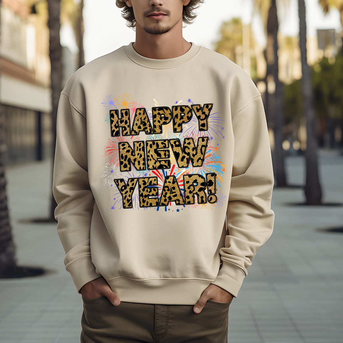 Festive Fireworks &amp; Leopard Print Happy New Year Unisex Sweatshirt