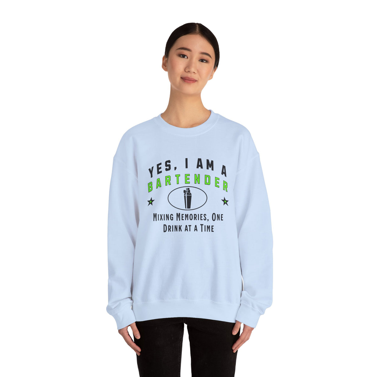 Bartender Crewneck Sweatshirt – Comfortable Apparel with &#39;Mixing Memories, One Drink at a Time&#39; Slogan