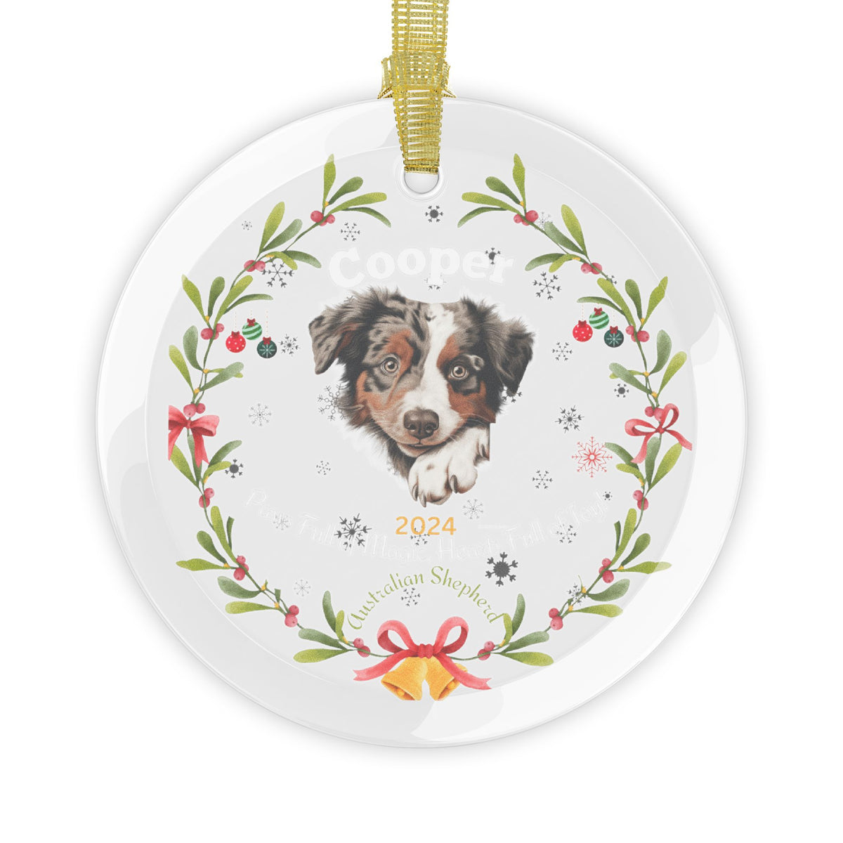 Personalized Australian Shepherd Glass Christmas Ornament – Custom Dog Name and Year Holiday Keepsake