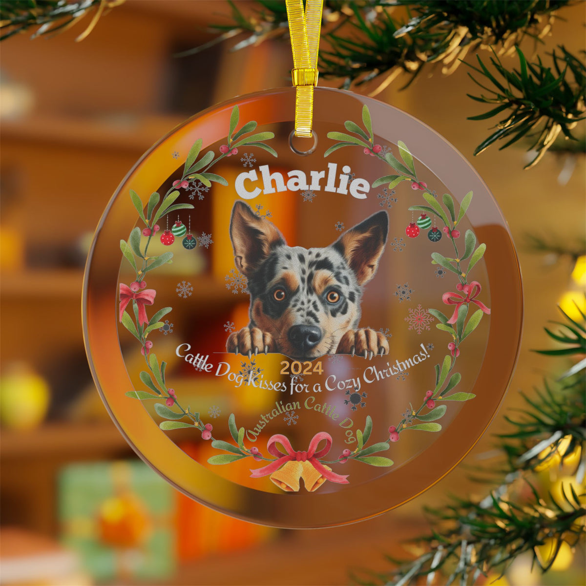 Personalized Australian Cattle Dog Glass Christmas Ornament – Custom Name and Year Holiday Keepsake