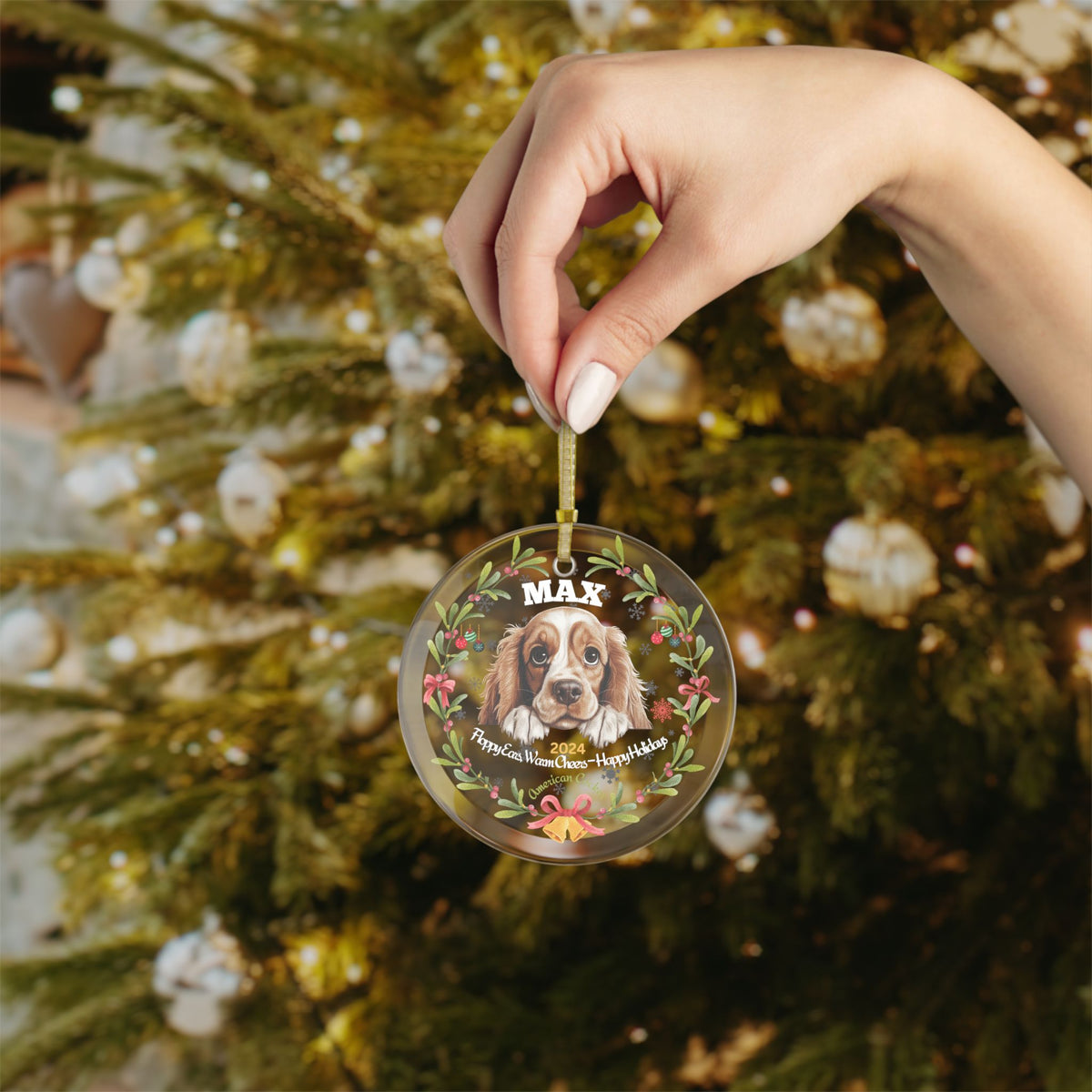 Personalized American Cocker Spaniel Glass Christmas Ornament – Custom Name and Year Holiday Keepsake