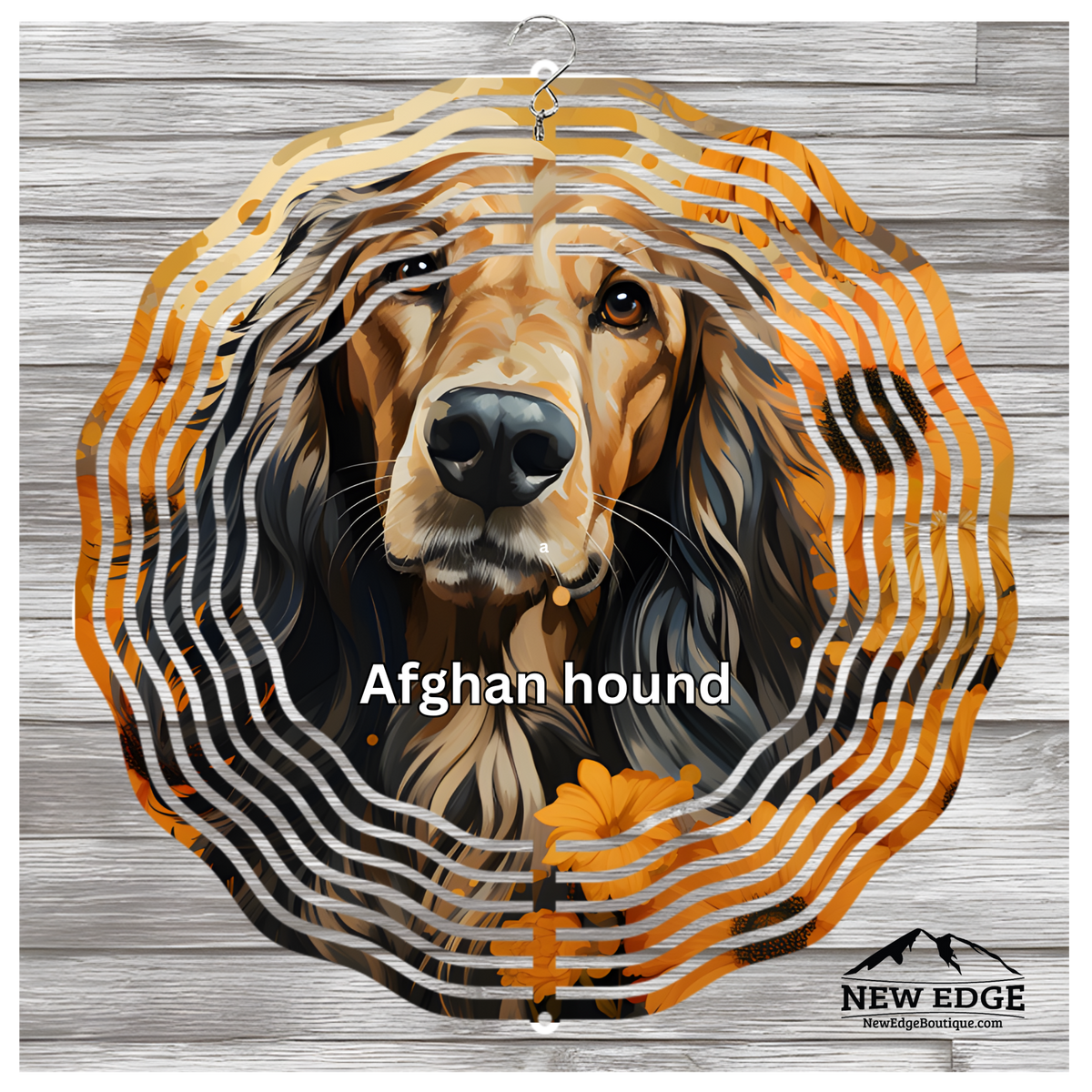 NEW EDGE 3D BEAUTIFUL COLORFUL AFGHAN HOUND DOG WIND SPINNER - 10 INCHES - STAINLESS STEEL