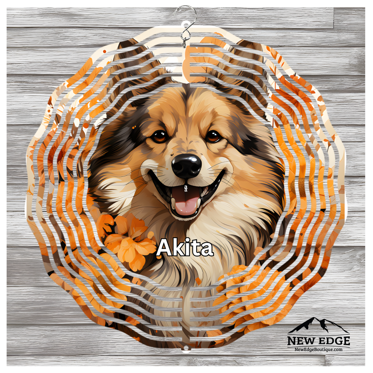 NEW EDGE 3D BEAUTIFUL COLORFUL AKITA DOG WIND SPINNER - 10 INCHES - STAINLESS STEEL