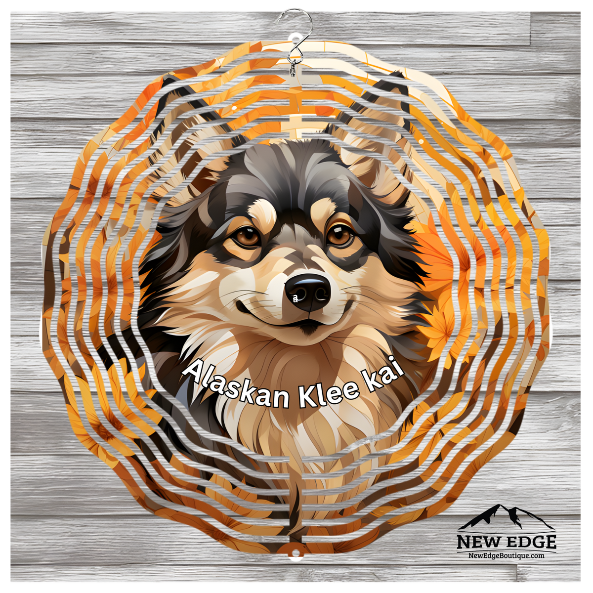 NEW EDGE 3D BEAUTIFUL COLORFUL ALASKAN KLEE KAI DOG WIND SPINNER - 10 INCHES - STAINLESS STEEL