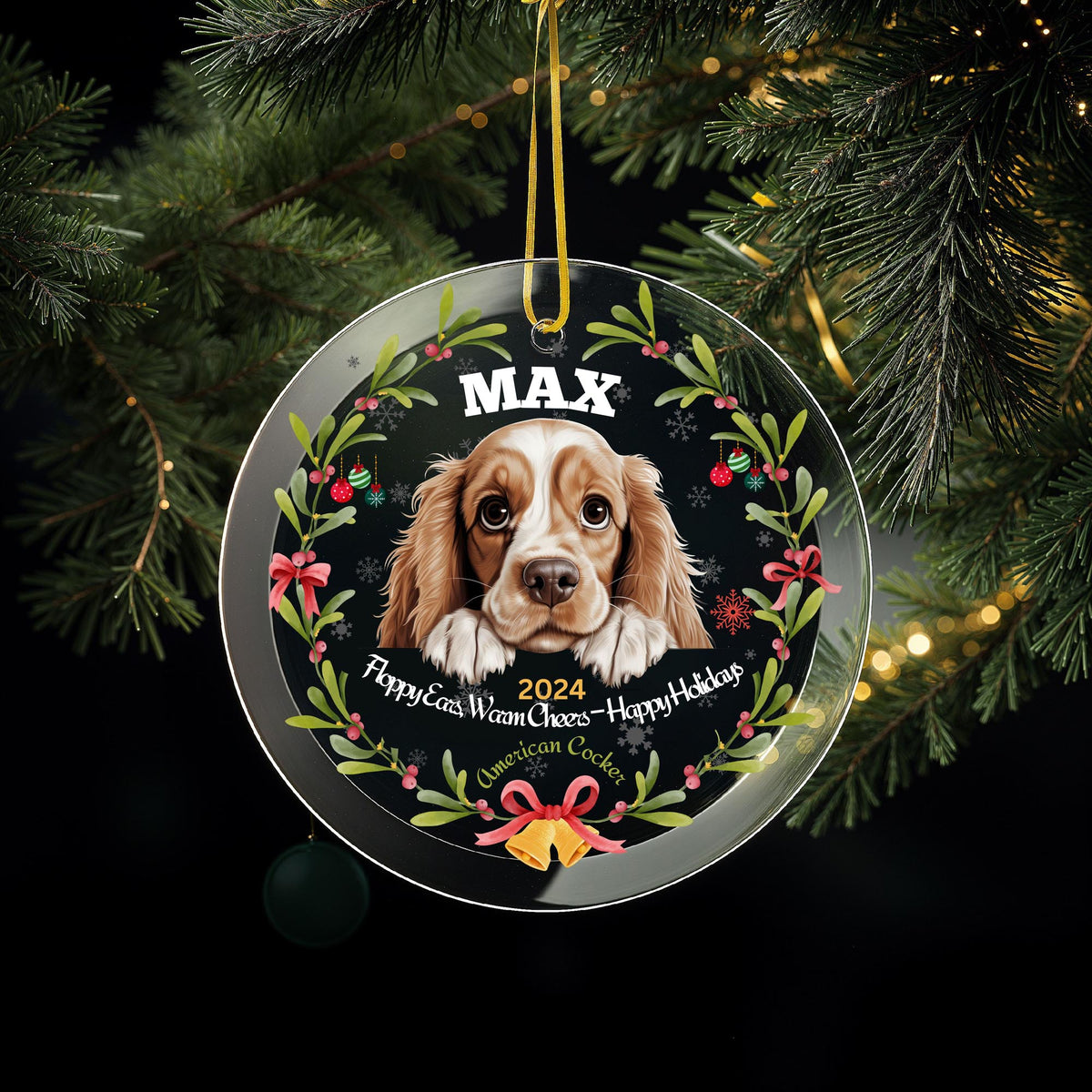 Personalized American Cocker Spaniel Glass Christmas Ornament – Custom Name and Year Holiday Keepsake