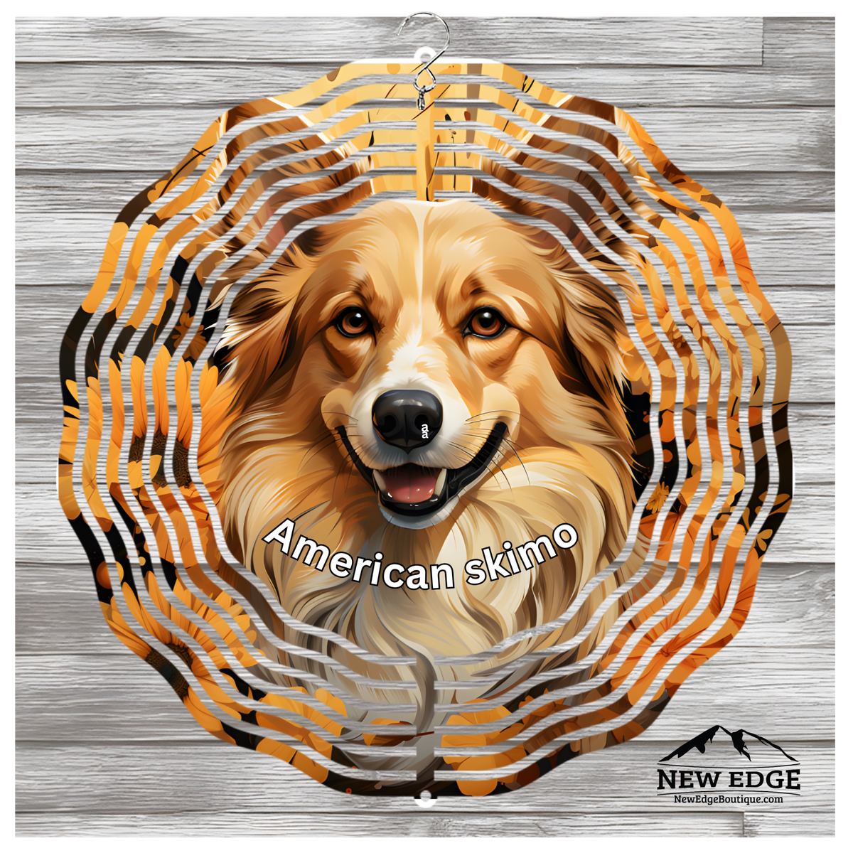 NEW EDGE 3D BEAUTIFUL COLORFUL AMERICAN ESKIMO DOG WIND SPINNER - 10 INCHES - STAINLESS STEEL