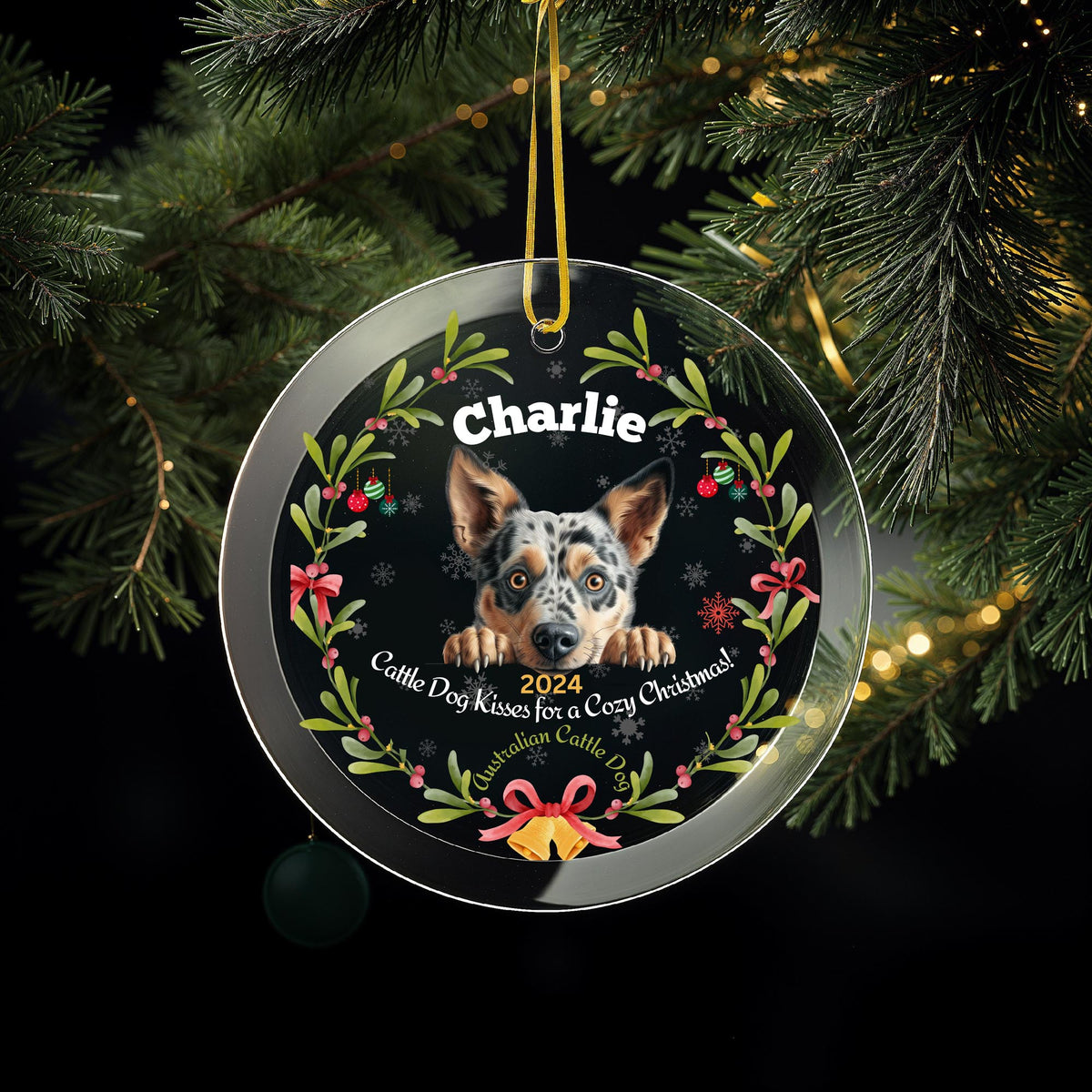 Personalized Australian Cattle Dog Glass Christmas Ornament – Custom Name and Year Holiday Keepsake