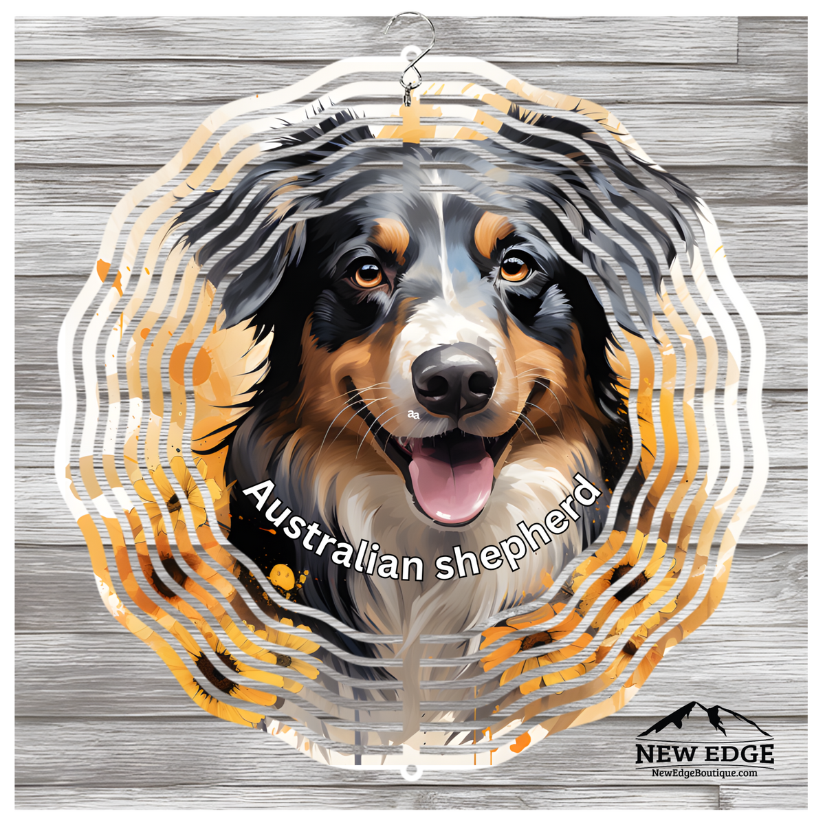 NEW EDGE 3D BEAUTIFUL COLORFUL AUSTRALIAN SHEPHERD DOG WIND SPINNER - 10 INCHES - STAINLESS STEEL&quot;