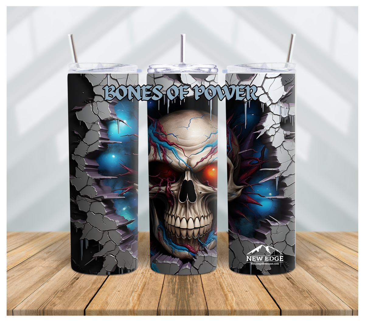 BONES OF POWER: ANGRY SKULL 3D 20 OZ SKINNY TUMBLER - STAINLESS STEEL INSULATED CUP WITH LID AND STRAW