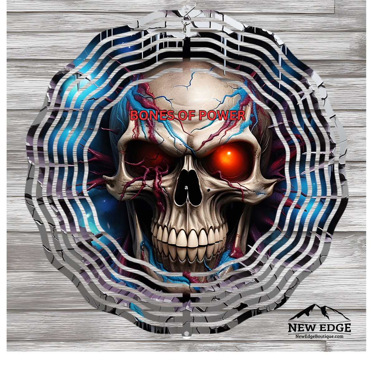 NEW EDGE 10-INCH ROUND 3D SKULL WIND SPINNER &quot;BONES OF POWER&quot; - METAL HALLOWEEN DECOR