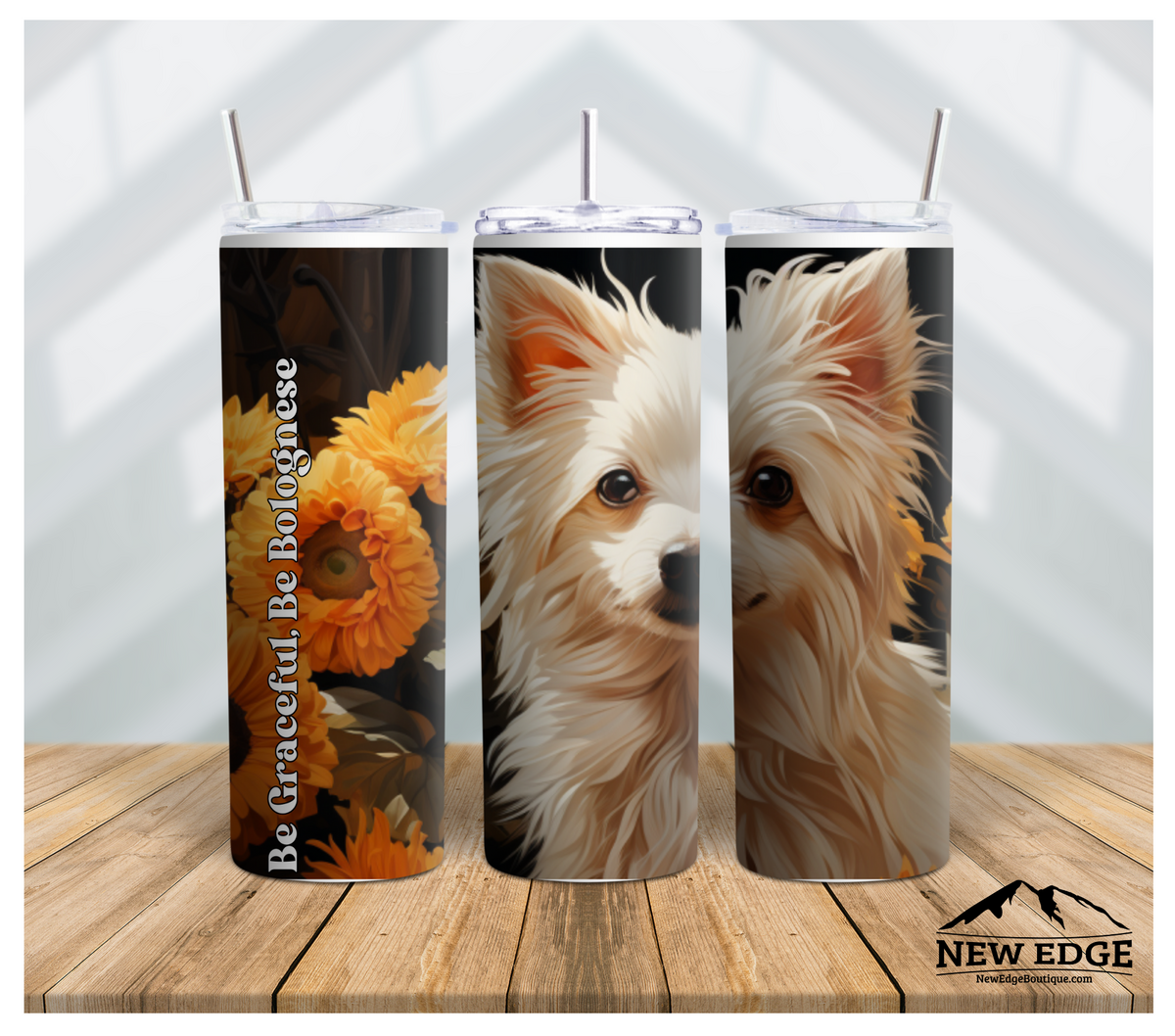 3D BOLOGNESE DOG BREED AND SUNFLOWER 20 OZ SKINNY TUMBLER: &quot;BE GRACEFUL, BE BOLOGNESE!&quot;