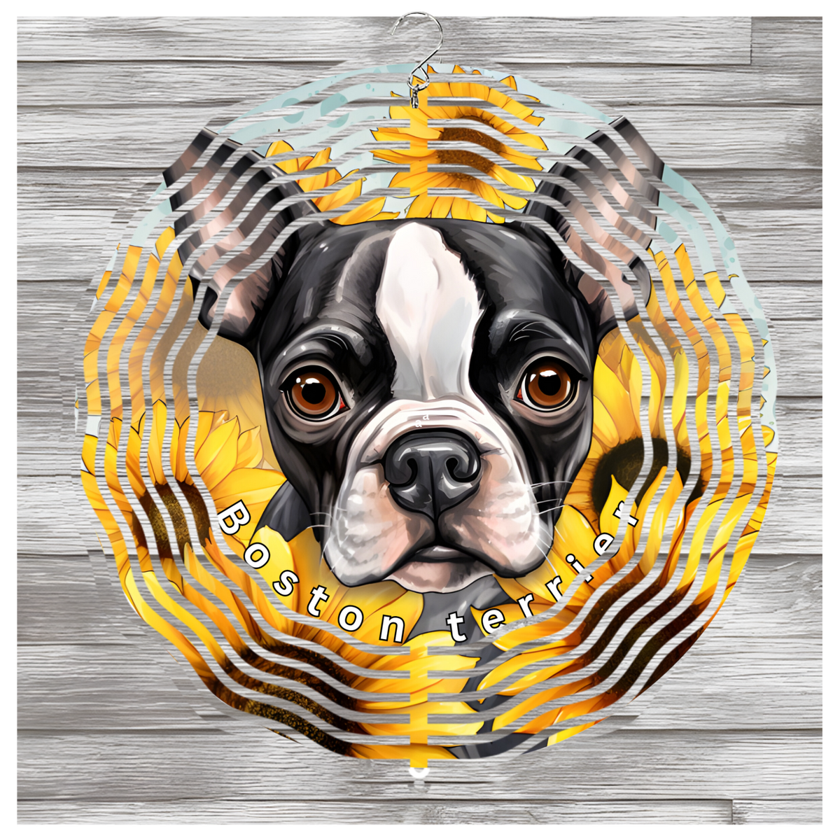 &quot;NEW EDGE 3D BEAUTIFUL COLORFUL BOSTON TERRIER DOG WIND SPINNER - 10 INCHES - STAINLESS STEEL&quot;