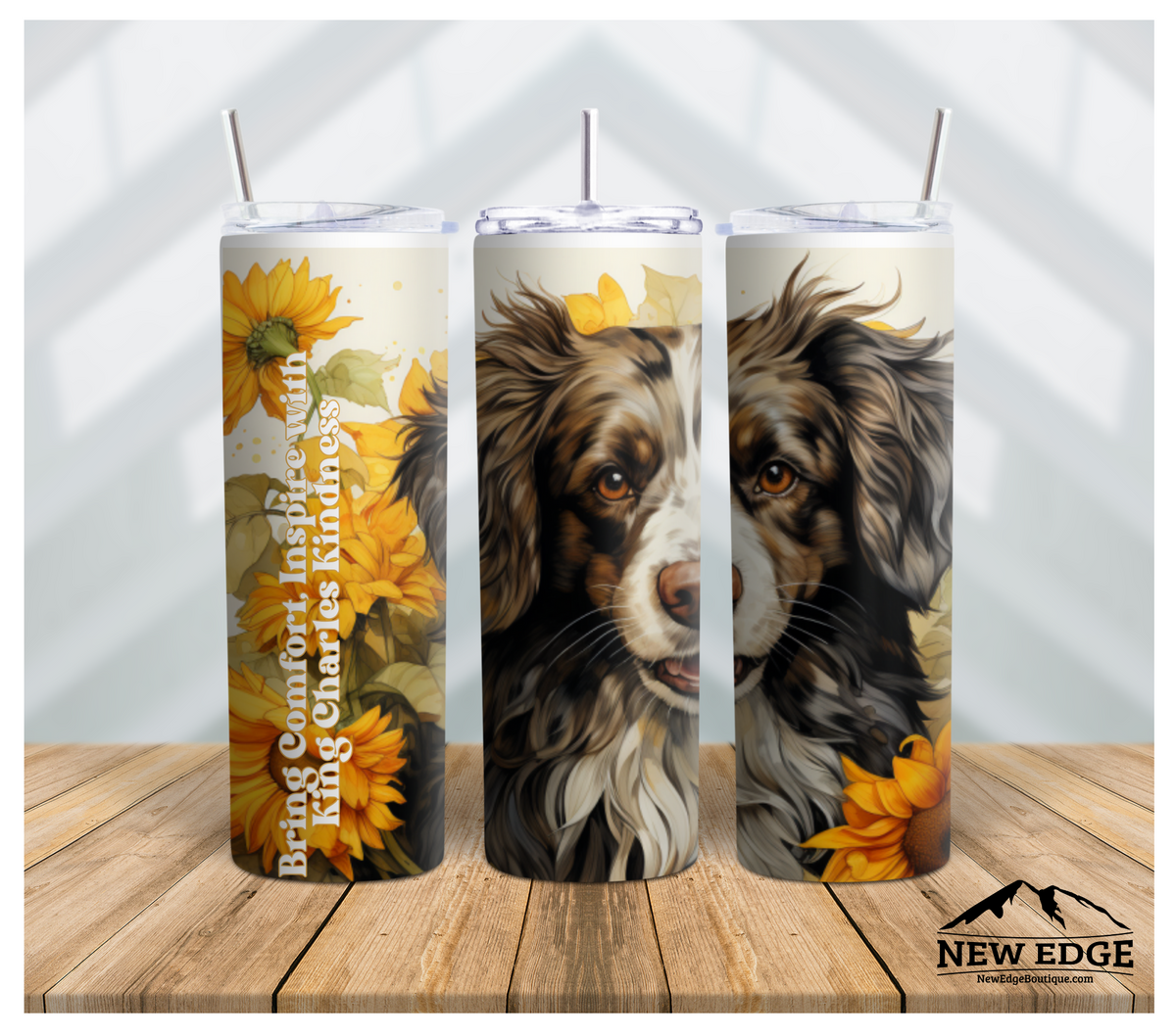 3D COCKER SPANIEL DOG BREED AND SUNFLOWER 20 OZ SKINNY TUMBLER: &quot;BRING COMFORT, INSPIRE WITH KING CHARLES KINDNESS!&quot;