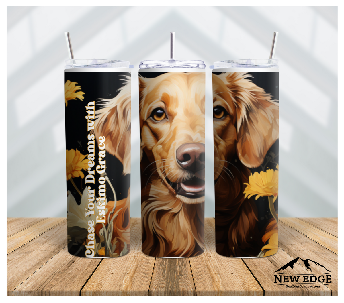 NEW EDGE 20 OZ SUBLIMATION SUNFLOWER AND DOG BREED SKINNY TUMBLER - &quot;CHASE YOUR DREAMS WITH ESKIMO GRACE&quot;