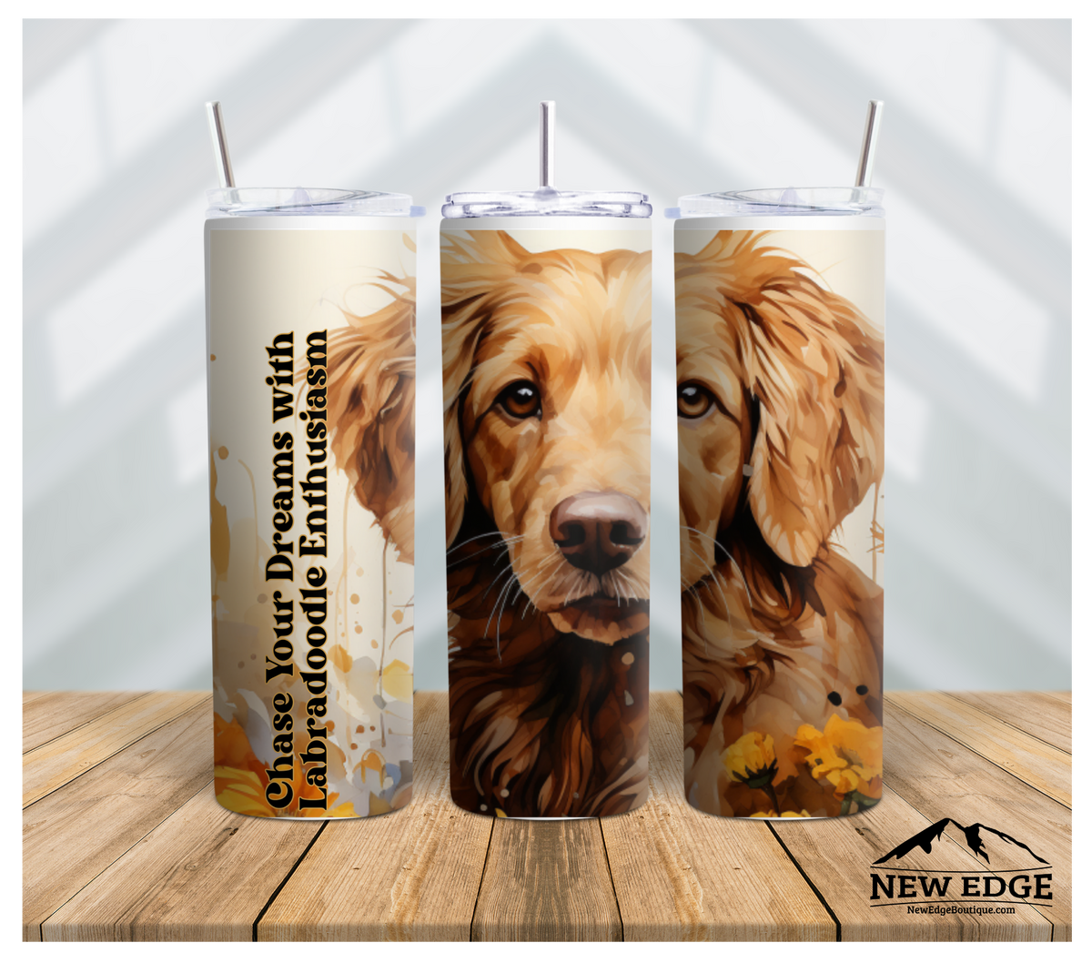 3D DOG BREED AND SUNFLOWER 20 OZ SKINNY TUMBLER: &quot;CHASE YOUR DREAMS WITH LABRADOODLE ENTHUSIASM