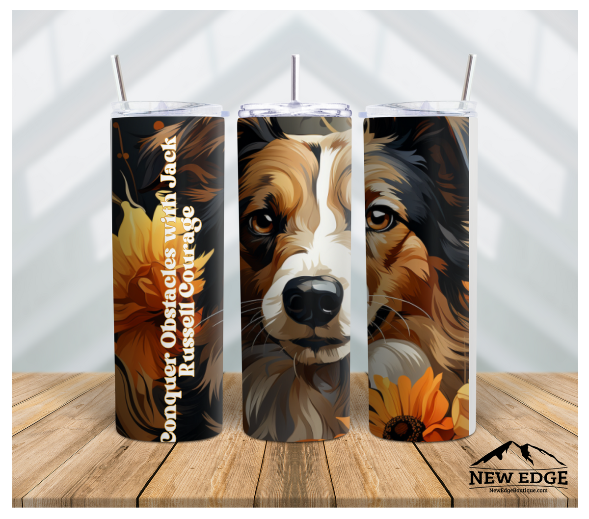 3D DOG BREED AND SUNFLOWER 20 OZ SKINNY TUMBLER: &quot;CONQUER OBSTACLES WITH JACK RUSSELL COURAGE!&quot;