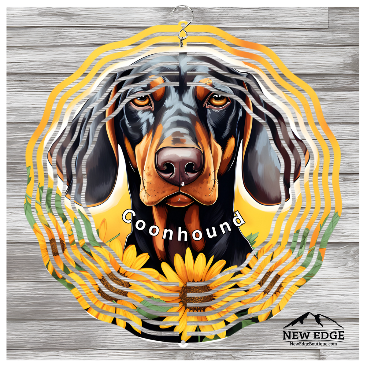 &quot;NEW EDGE 3D BEAUTIFUL COLORFUL COONHOUND DOG WIND SPINNER - 10 INCHES - STAINLESS STEEL&quot;