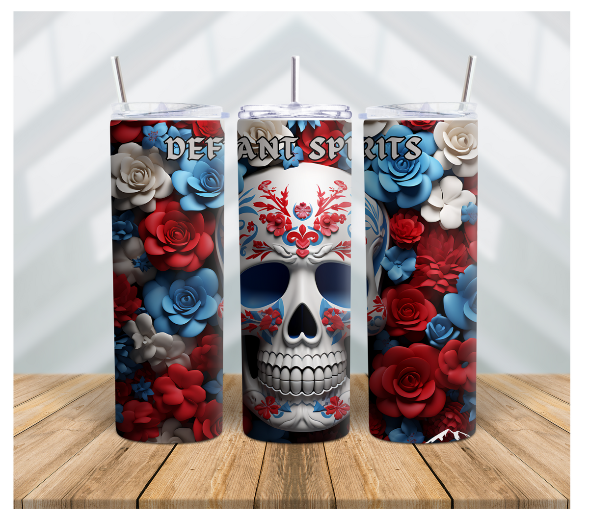 DEFIANT SPIRITS: BLUE AND RED SKULL 3D 20 OZ SKINNY TUMBLER - STAINLESS STEEL INSULATED CUP WITH LID AND STRAW