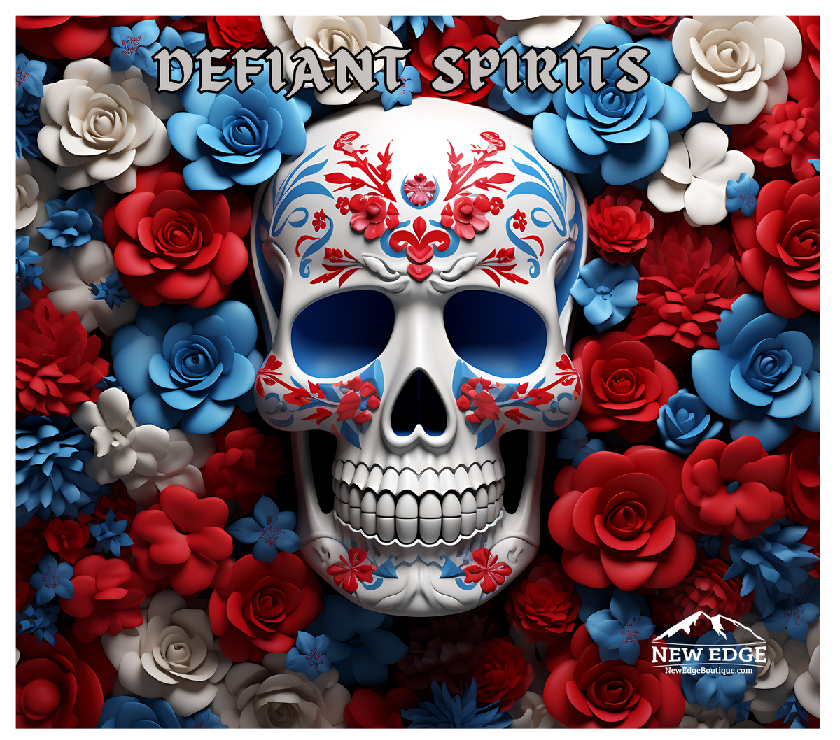 DEFIANT SPIRITS: BLUE AND RED SKULL 3D 20 OZ SKINNY TUMBLER - STAINLESS STEEL INSULATED CUP WITH LID AND STRAW