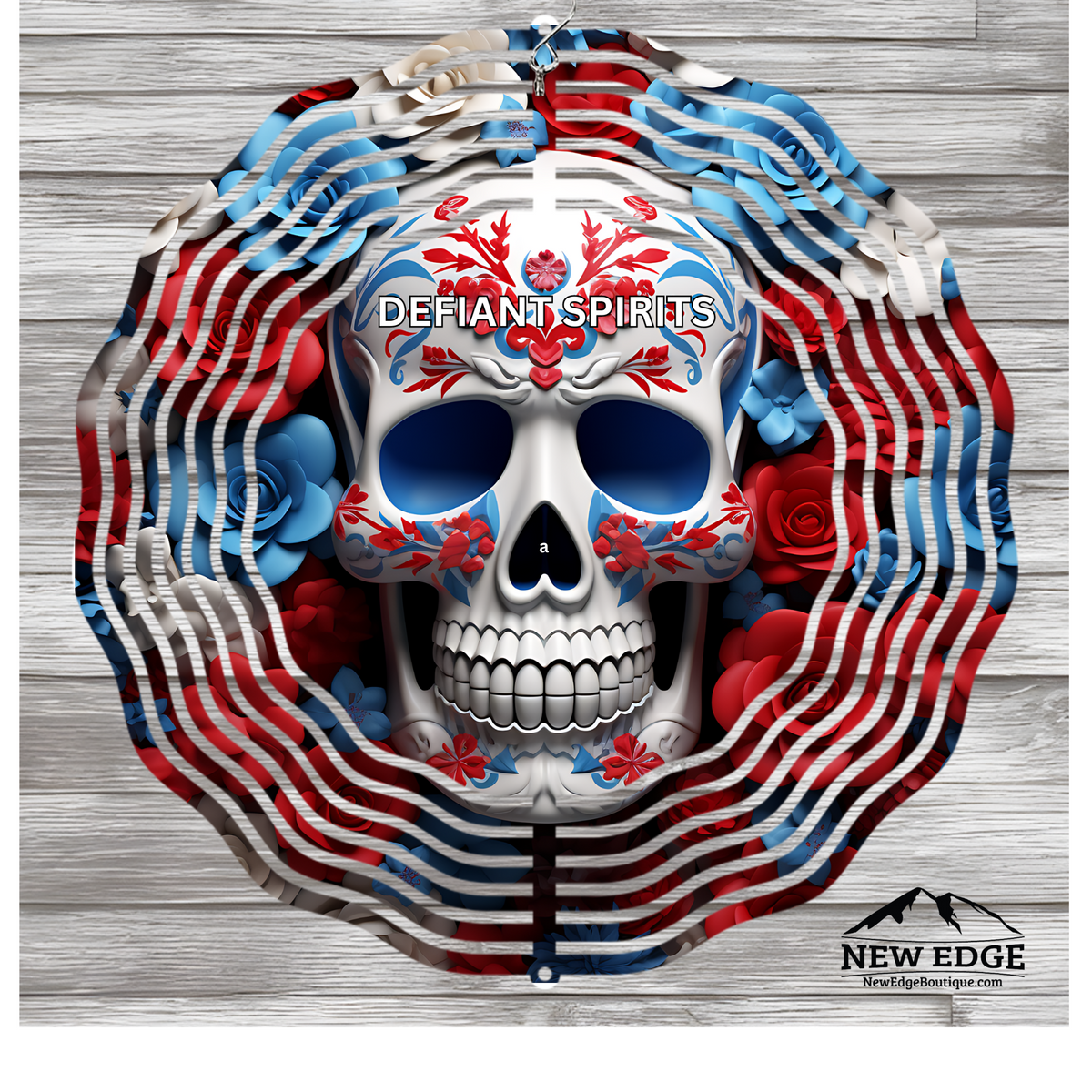 NEW EDGE 10-INCH ROUND 3D SKULL WIND SPINNER &quot;DEFIANT SPIRITS&quot; - METAL HALLOWEEN DECOR