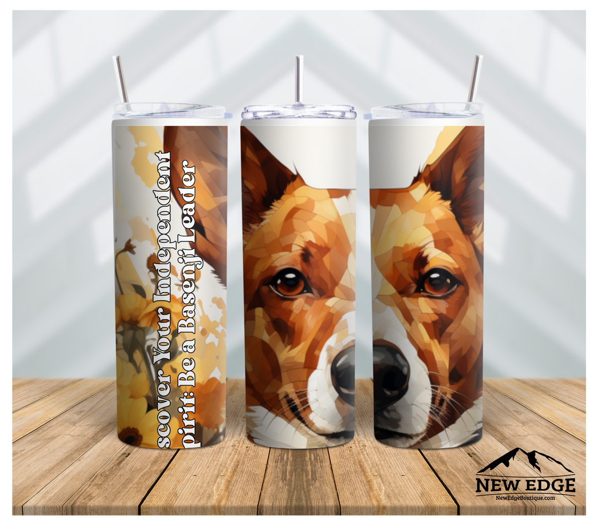 3D DOG BREED AND SUNFLOWER 20 OZ SKINNY TUMBLER: &quot;DISCOVER YOUR INDEPENDENT SPIRIT, BE A BASENJI LEADER!&quot;