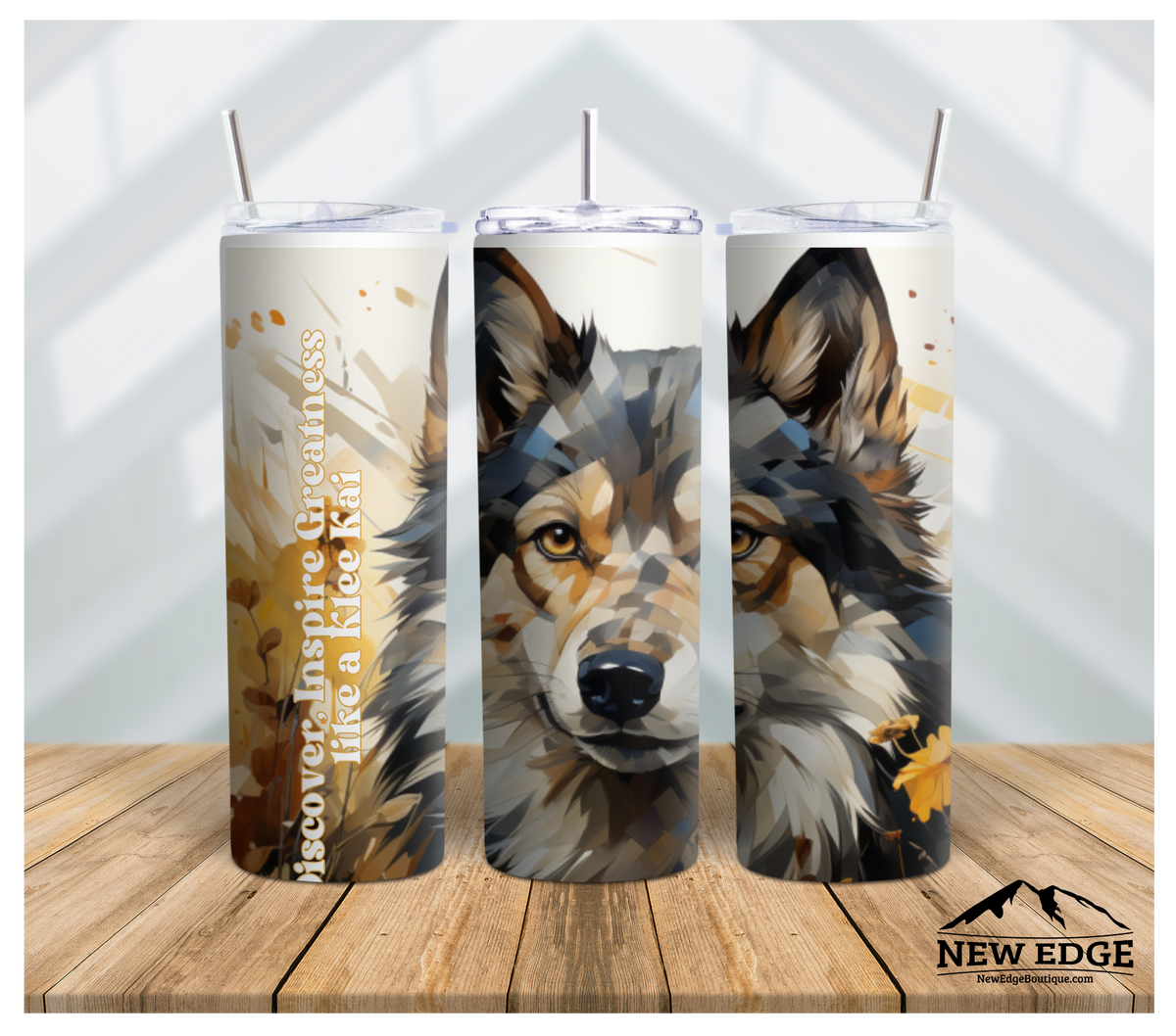 NEW EDGE 20 OZ SUBLIMATION SUNFLOWER AND DOG BREED SKINNY TUMBLER - &quot;DISCOVER, INSPIRE GREATNESS LIKE A KLEE KAI&quot;