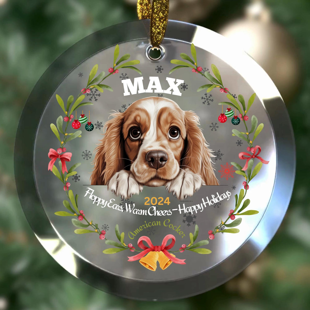 Personalized American Cocker Spaniel Glass Christmas Ornament – Custom Name and Year Holiday Keepsake