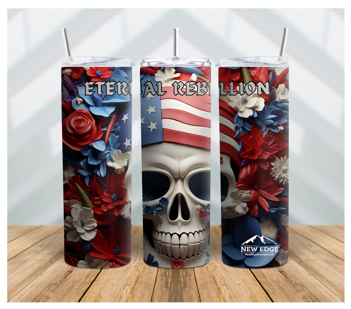 ETERNAL REBELLION: PATRIOTIC SKULL AND FLOWERS 3D TUMBLER - STAINLESS STEEL INSULATED CUP WITH LID AND STRAW