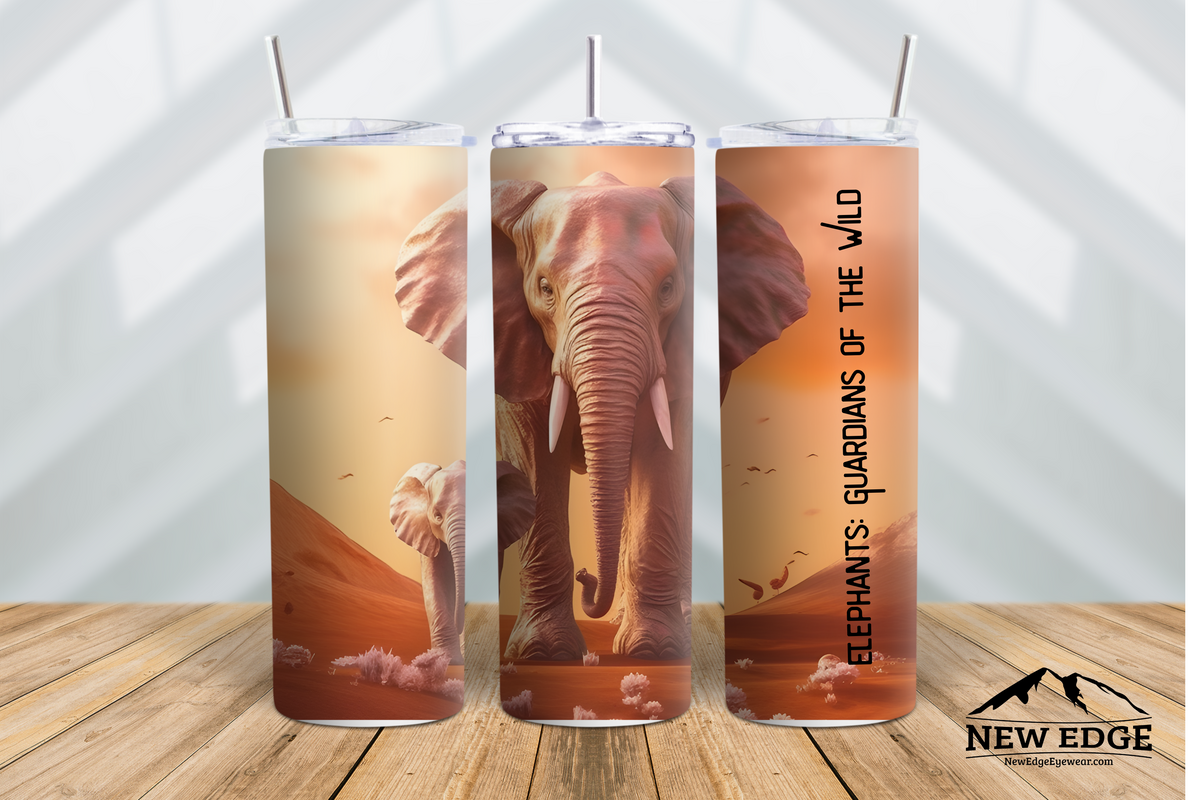 NEW EDGE 20 OZ 3D ELEPHANTS SKINNY TUMBLER - &quot;ELEPHANTS GUARDIANS OF THE WILD&quot;