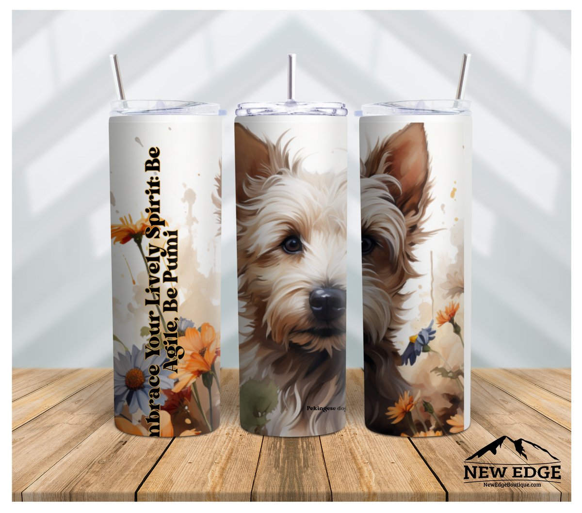 3D DOG BREED AND SUNFLOWER 20 OZ SKINNY TUMBLER: &quot;EMBRACE YOUR LIVELY SPIRIT, BE AGILE, BE PUMI!&quot;