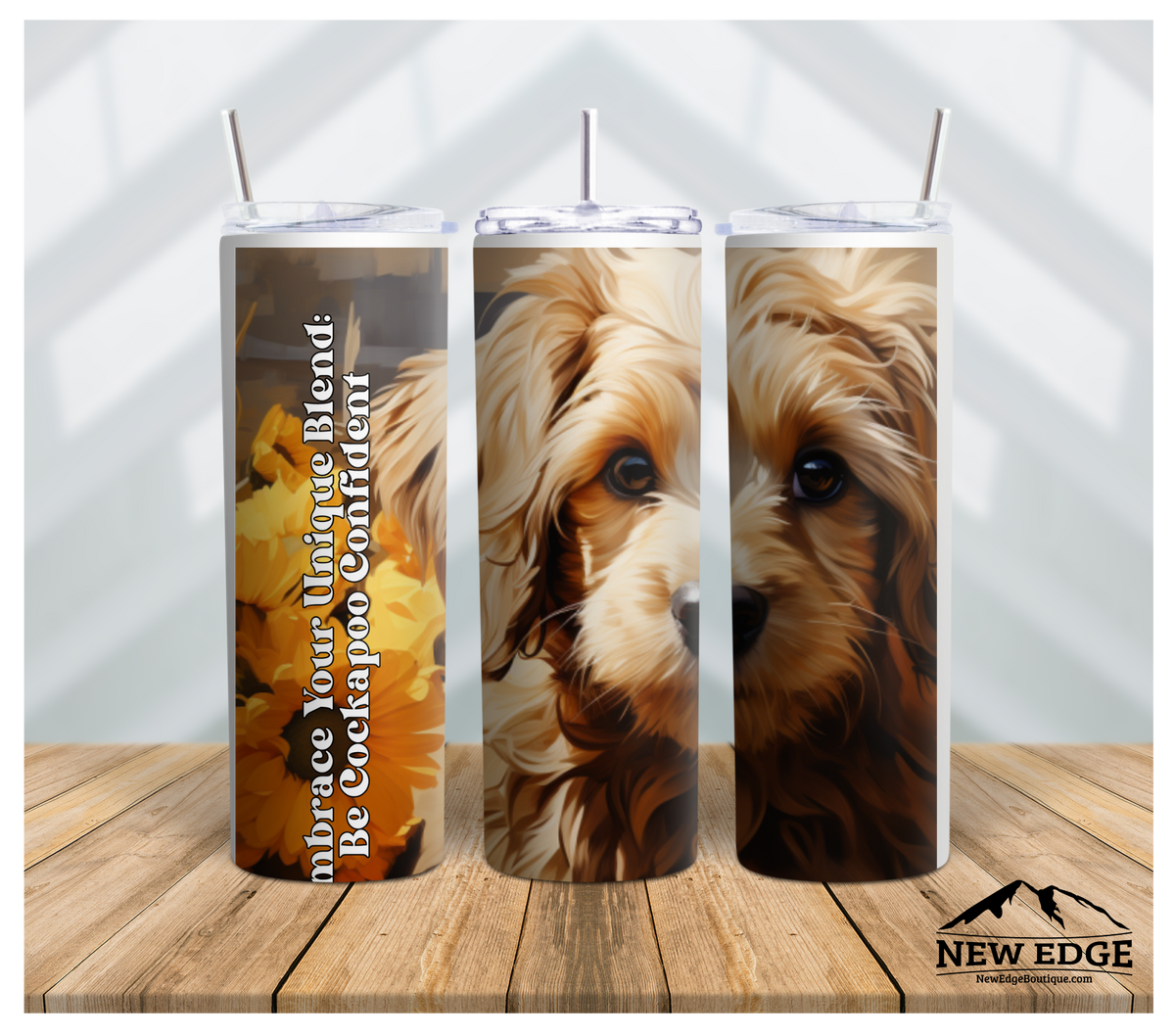 NEW EDGE 20 OZ SUBLIMATION SUNFLOWER AND DOG BREED SKINNY TUMBLER - &quot;EMBRACE YOUR UNIQUE BLEND, BE COCKAPOO CONFIDENT&quot;