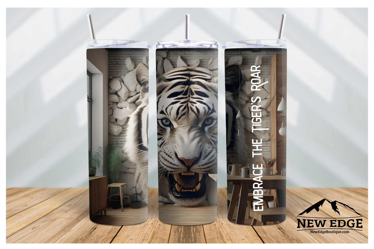 NEW EDGE 20 OZ 3D TIGER SKINNY TUMBLER - &quot;EMBRACE THE TIGER&#39;S ROAR&quot;