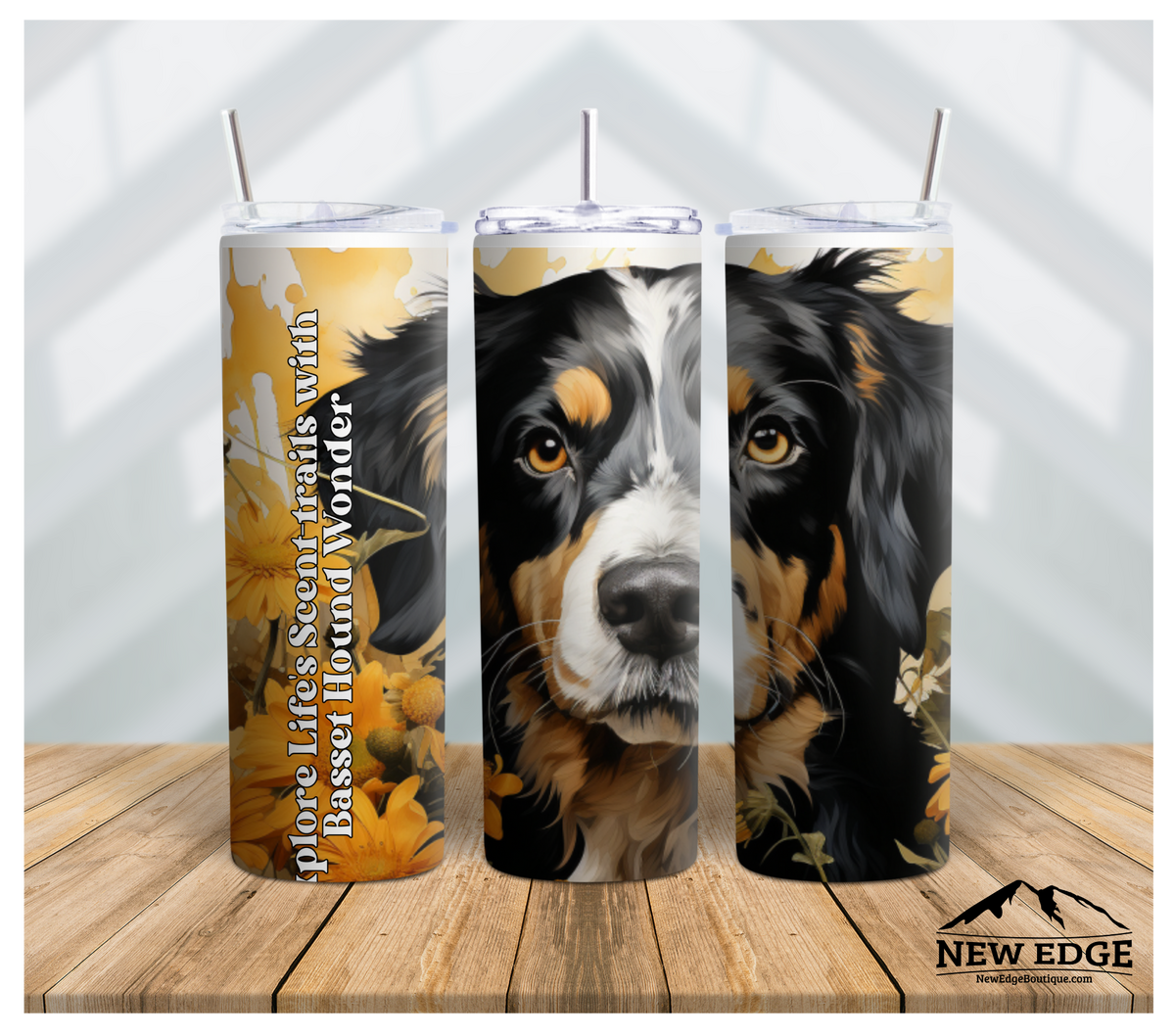 NEW EDGE 20 OZ SUBLIMATION SUNFLOWER AND DOG BREED SKINNY TUMBLER - &quot;EXPLORE LIFE&#39;S SCENT-TRAILS WITH BASSET HOUND WONDER&quot;