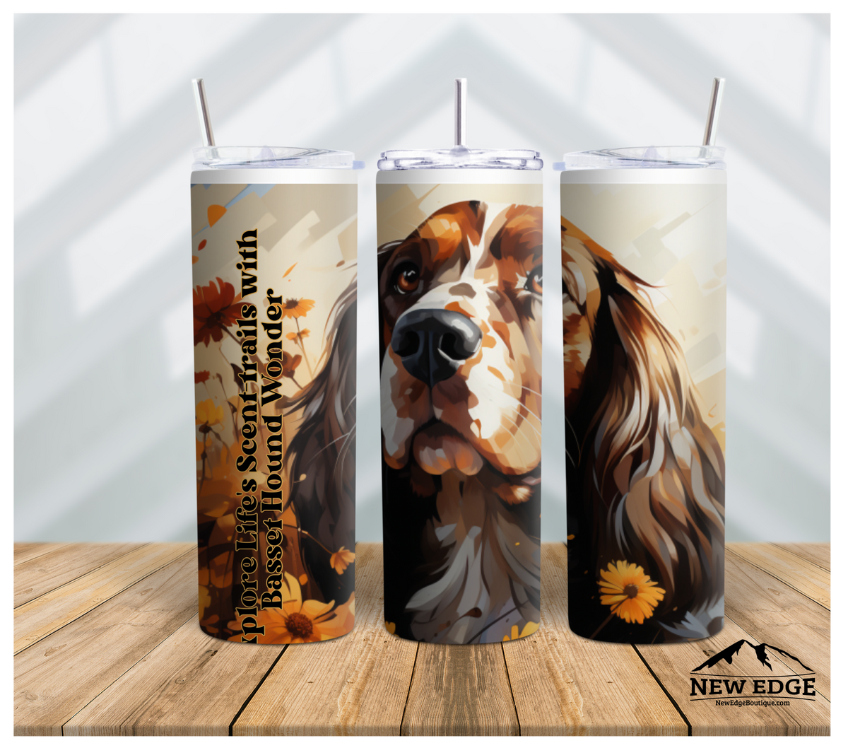 NEW EDGE 20 OZ SUBLIMATION SUNFLOWER AND DOG BREED SKINNY TUMBLER - &quot;EXPLORE LIFE&#39;S SCENT-TRAILS WITH BASSET HOUND WONDER&quot;