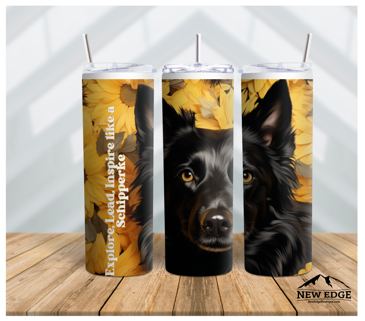 3D DOG BREED AND SUNFLOWER 20 OZ SKINNY TUMBLER: &quot;EXPLORE, LEAD, INSPIRE LIKE A SCHIPPERKE - DOG!&quot;