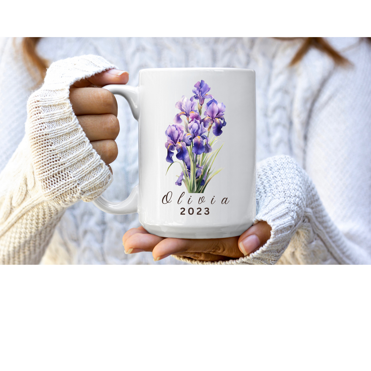 FEBRUARY BIRTH FLOWER MUG: ELEGANT IRIS FOR OLIVIA