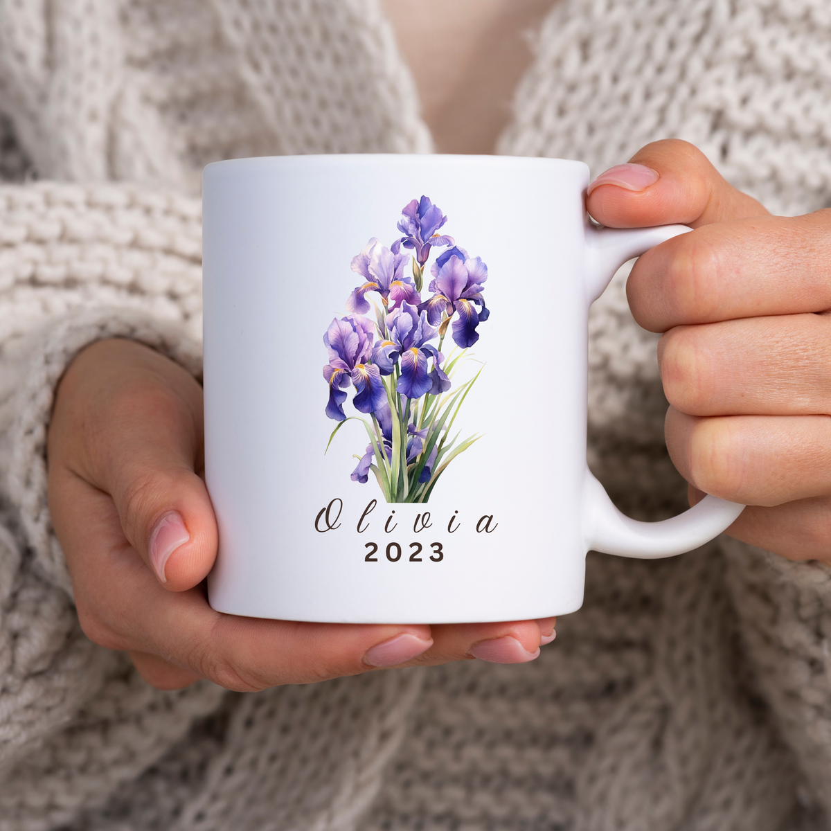 FEBRUARY BIRTH FLOWER MUG: ELEGANT IRIS FOR OLIVIA