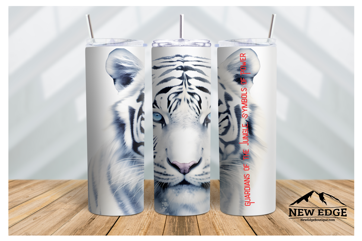 NEW EDGE 20 OZ 3D WHITE TIGER SKINNY TUMBLER - &quot;GUARDIANS OF THE JUNGLE, SYMBOLS OF POWER&quot;