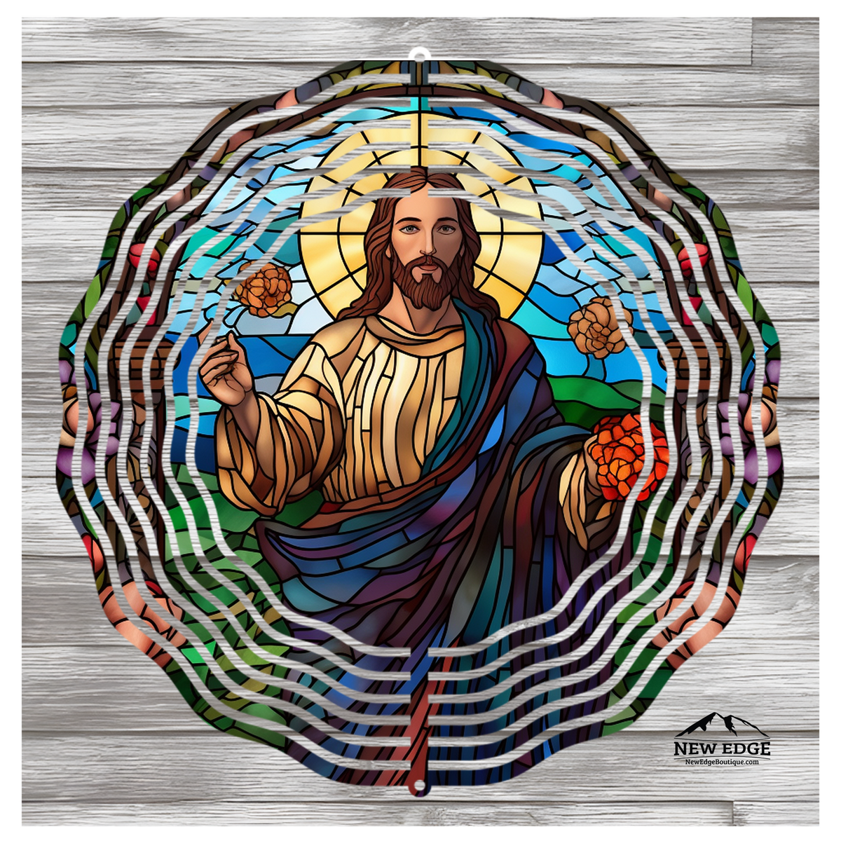 NEW EDGE 10-INCH ROUND 3D COLORFUL JESUS STAINED GLASS WIND SPINNER