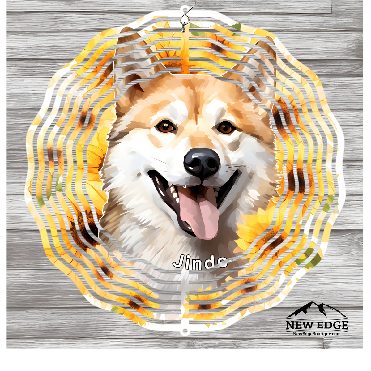 NEW EDGE 3D BEAUTIFUL COLORFUL JINDO DOG WIND SPINNER - 10 INCHES - STAINLESS STEEL