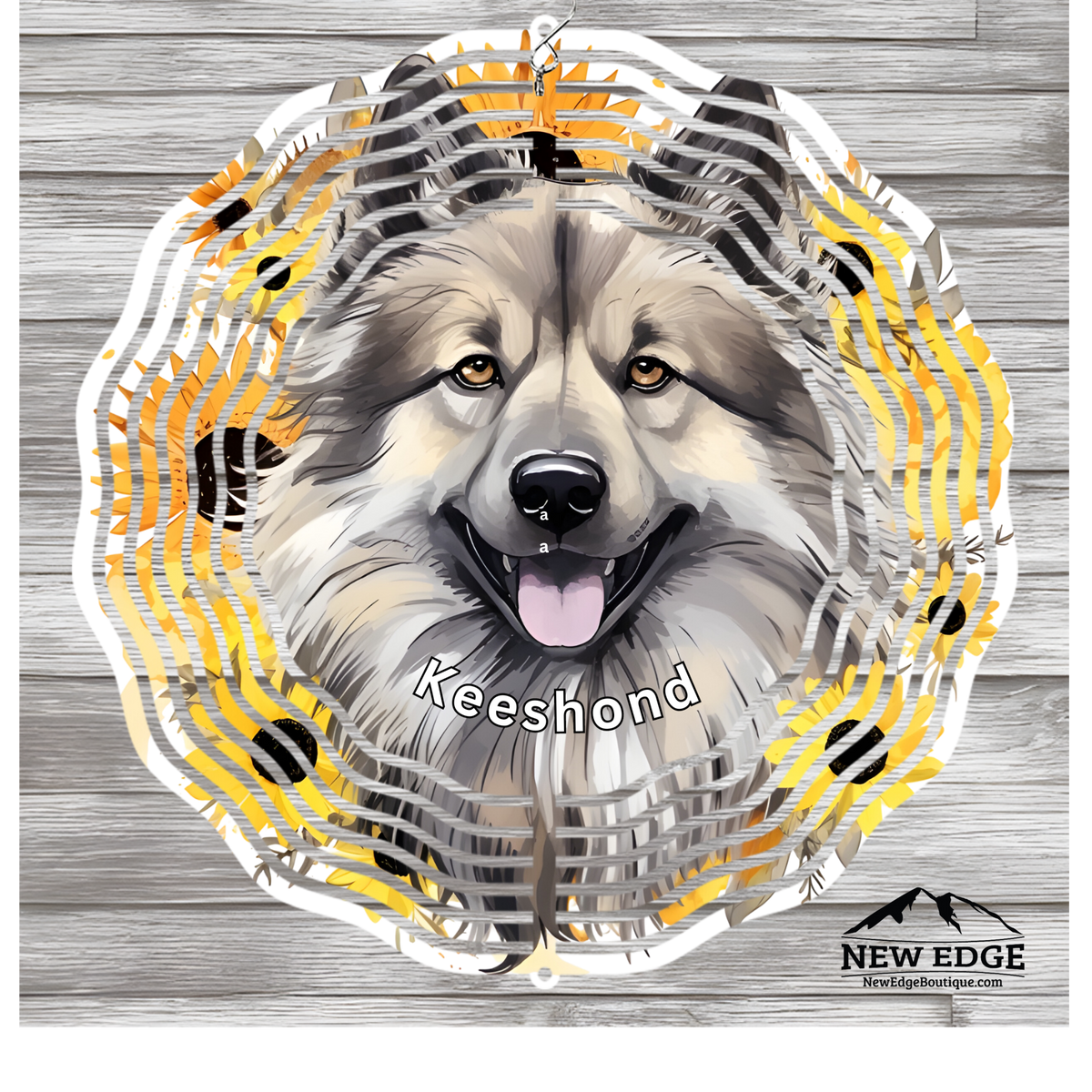 NEW EDGE 3D BEAUTIFUL COLORFUL KEESHOND DOG WIND SPINNER - 10 INCHES - STAINLESS STEEL