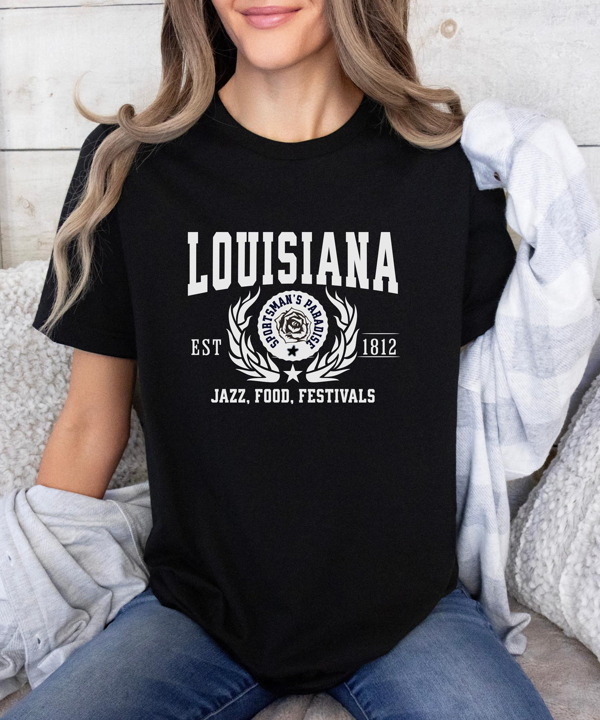 Louisiana State - &quot;Jazz, Food, Festivals&quot; Slogan T-Shirt for Music &amp; Culture Lovers