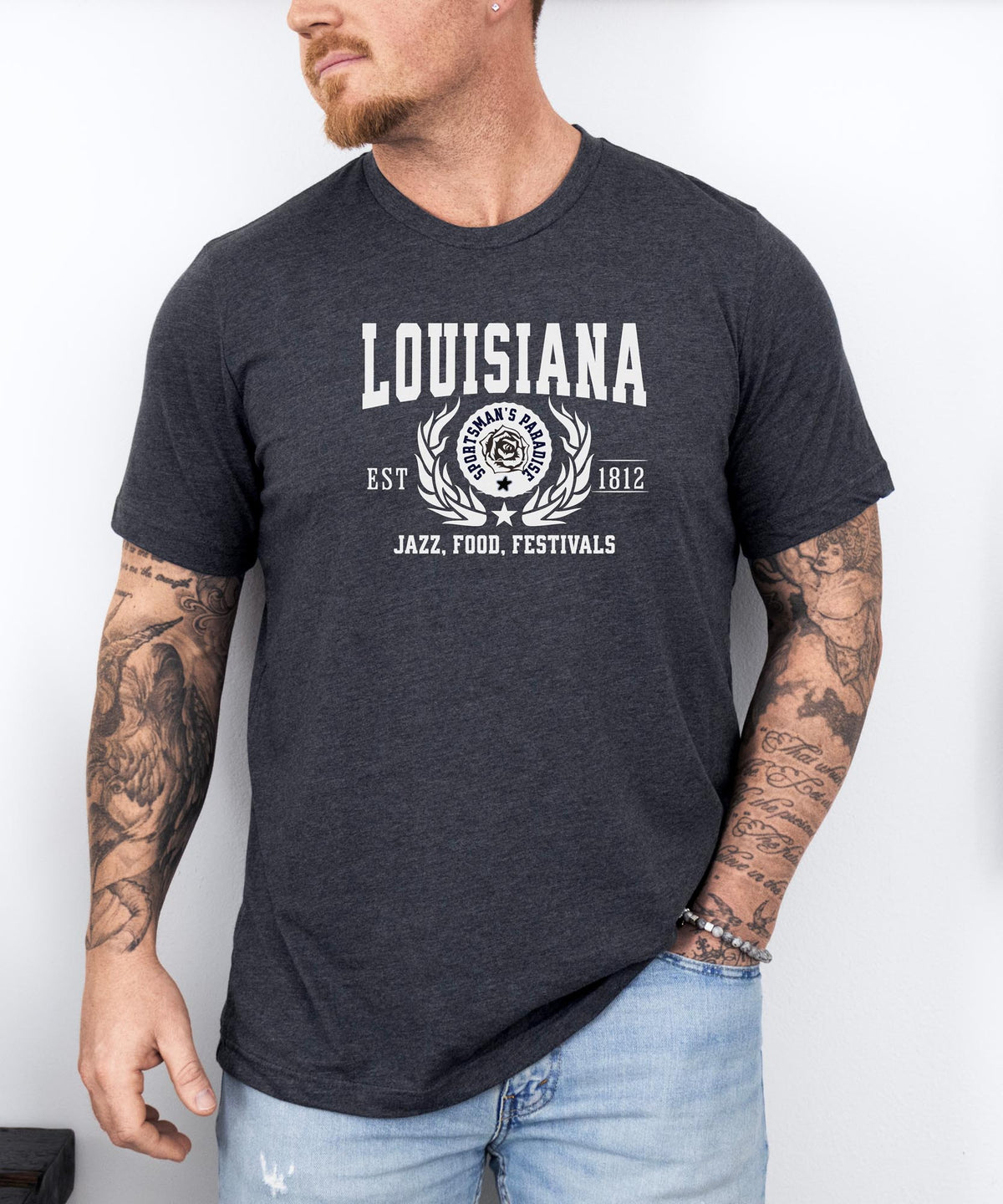 Louisiana State - &quot;Jazz, Food, Festivals&quot; Slogan T-Shirt for Music &amp; Culture Lovers