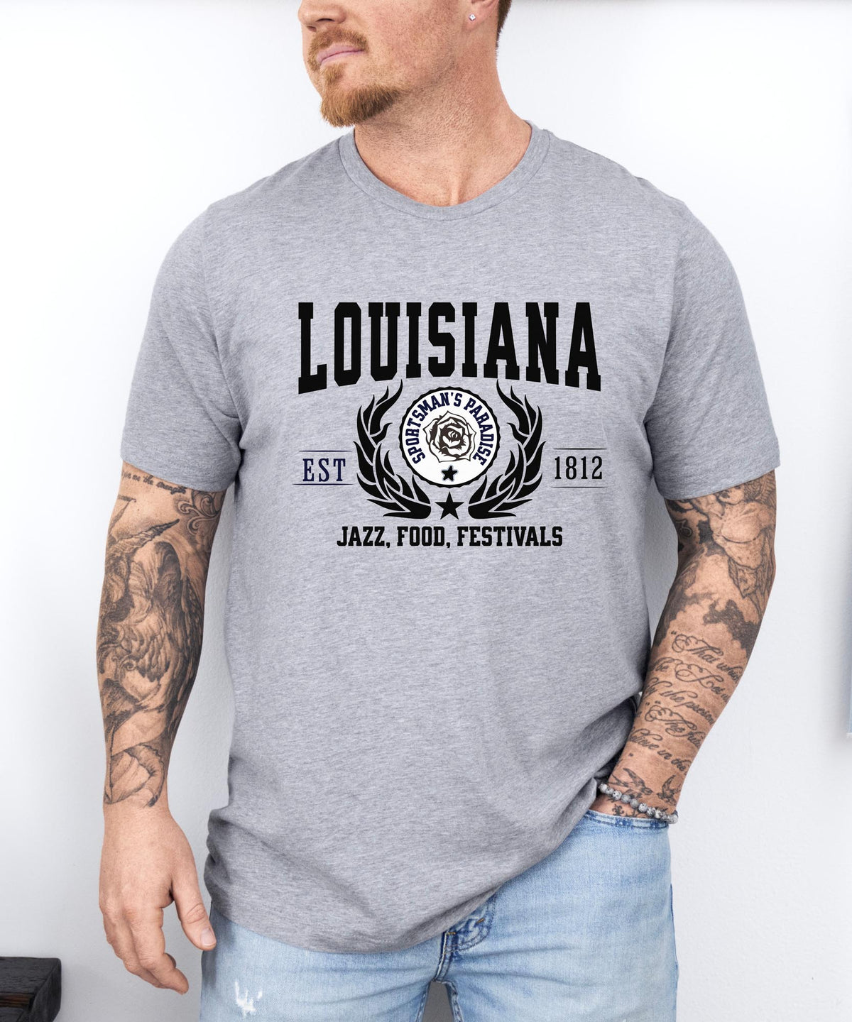 Louisiana State - &quot;Jazz, Food, Festivals&quot; Slogan T-Shirt for Music &amp; Culture Lovers