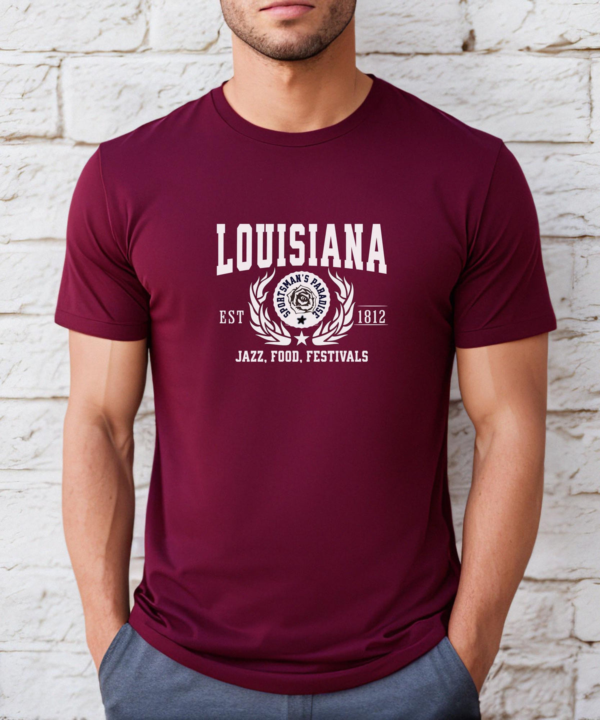 Louisiana State - &quot;Jazz, Food, Festivals&quot; Slogan T-Shirt for Music &amp; Culture Lovers