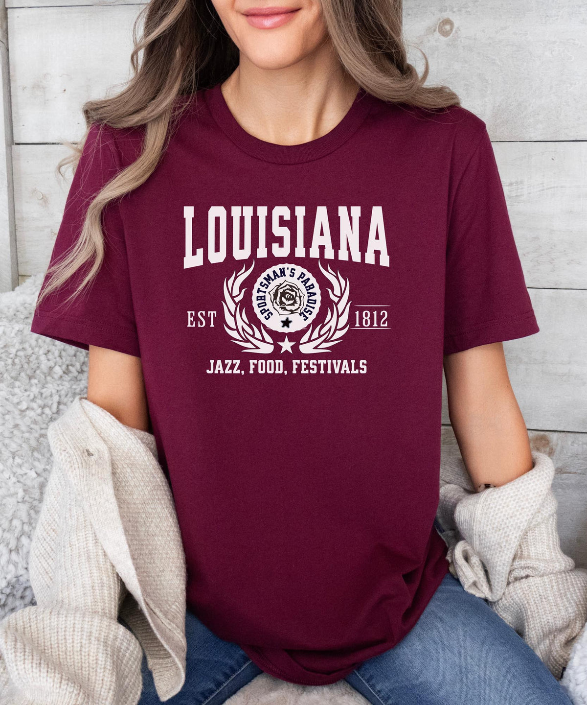 Louisiana State - &quot;Jazz, Food, Festivals&quot; Slogan T-Shirt for Music &amp; Culture Lovers