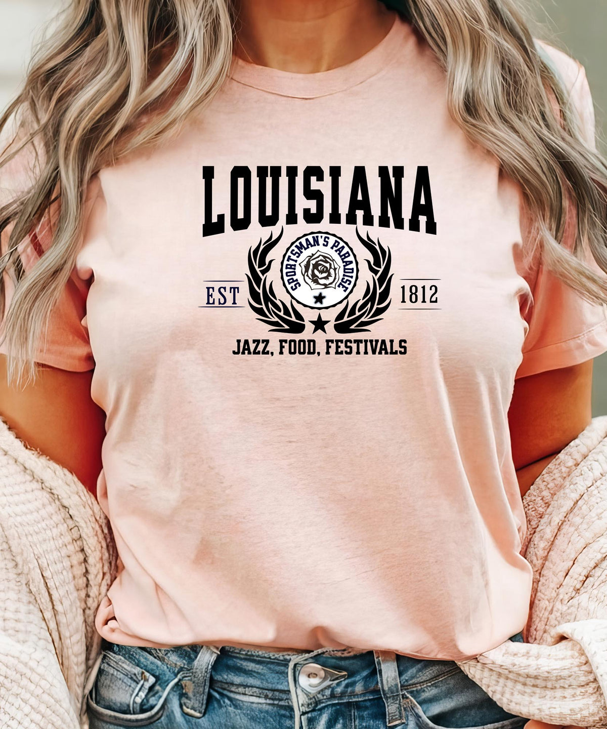 Louisiana State - &quot;Jazz, Food, Festivals&quot; Slogan T-Shirt for Music &amp; Culture Lovers