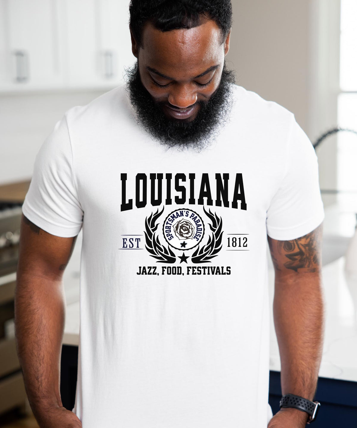 Louisiana State - &quot;Jazz, Food, Festivals&quot; Slogan T-Shirt for Music &amp; Culture Lovers