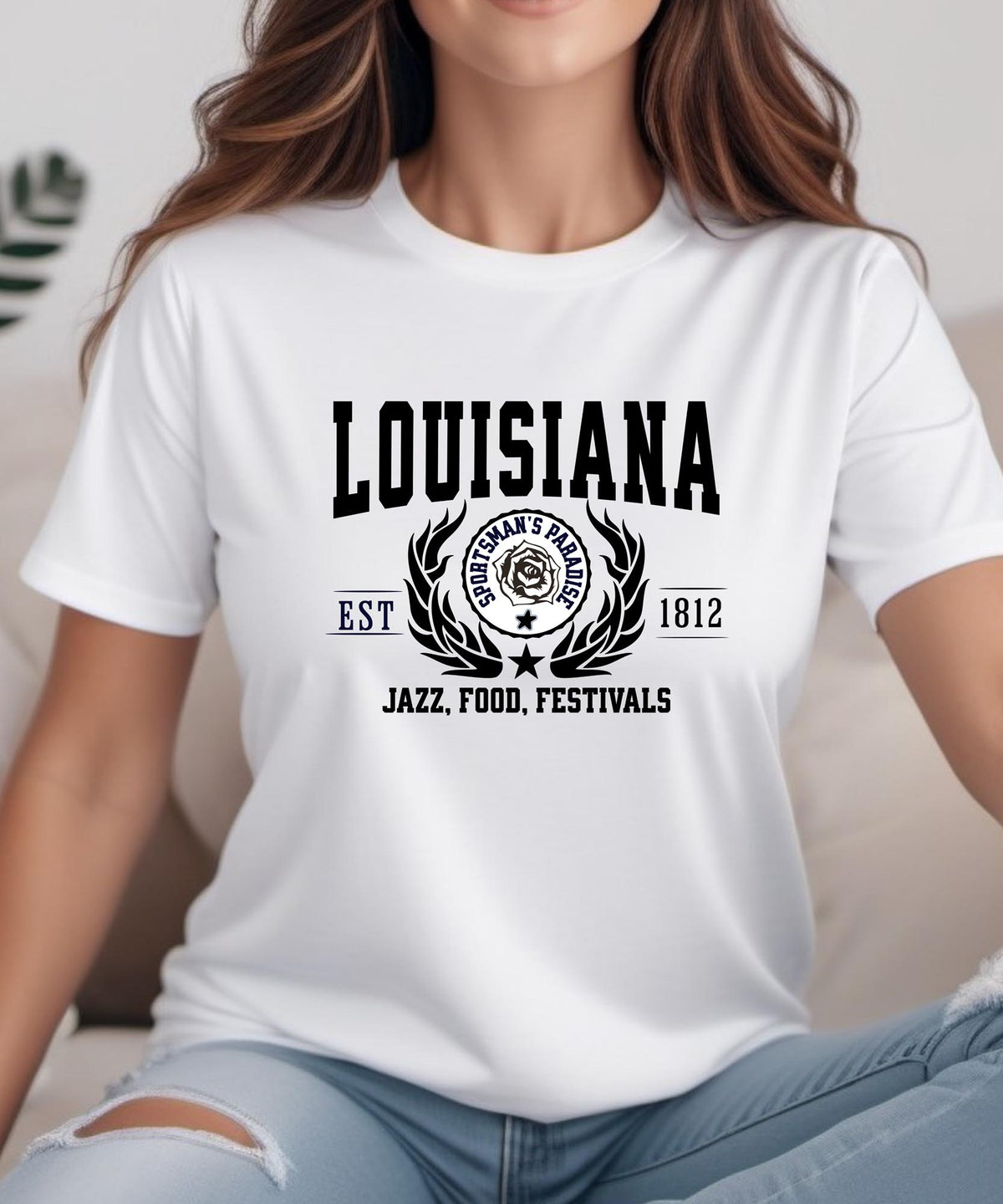 Louisiana State - &quot;Jazz, Food, Festivals&quot; Slogan T-Shirt for Music &amp; Culture Lovers