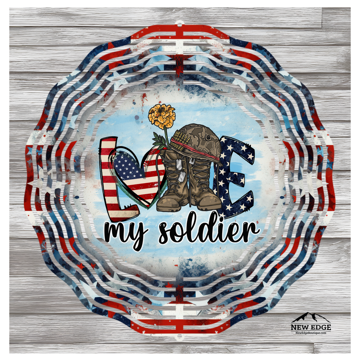 NEW EDGE 10-INCH ROUND 3D COLORFUL &quot;LOVE MY SOLDIER&quot; WIND SPINNER